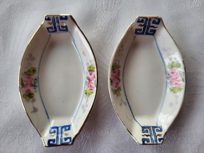 2 VTG Nippon Hand Painted Pink Rose Open Salt Dip Nut Sushi Sauce Trinket Dish