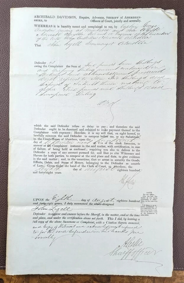 1848 Sheriff Court Complaint Aberdeen Debt Legal Document UK