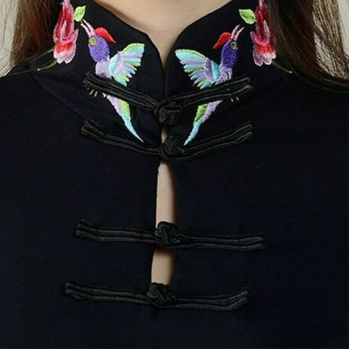 Camicia cinese retrò ricamo donna mandarino colletto manica svasata blusa nuova - Foto 7 di 11