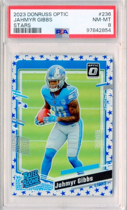 Jahmyr Gibbs RC 2023 Donruss Optic Rated Rookie #236 Blue Stars PSA 8
