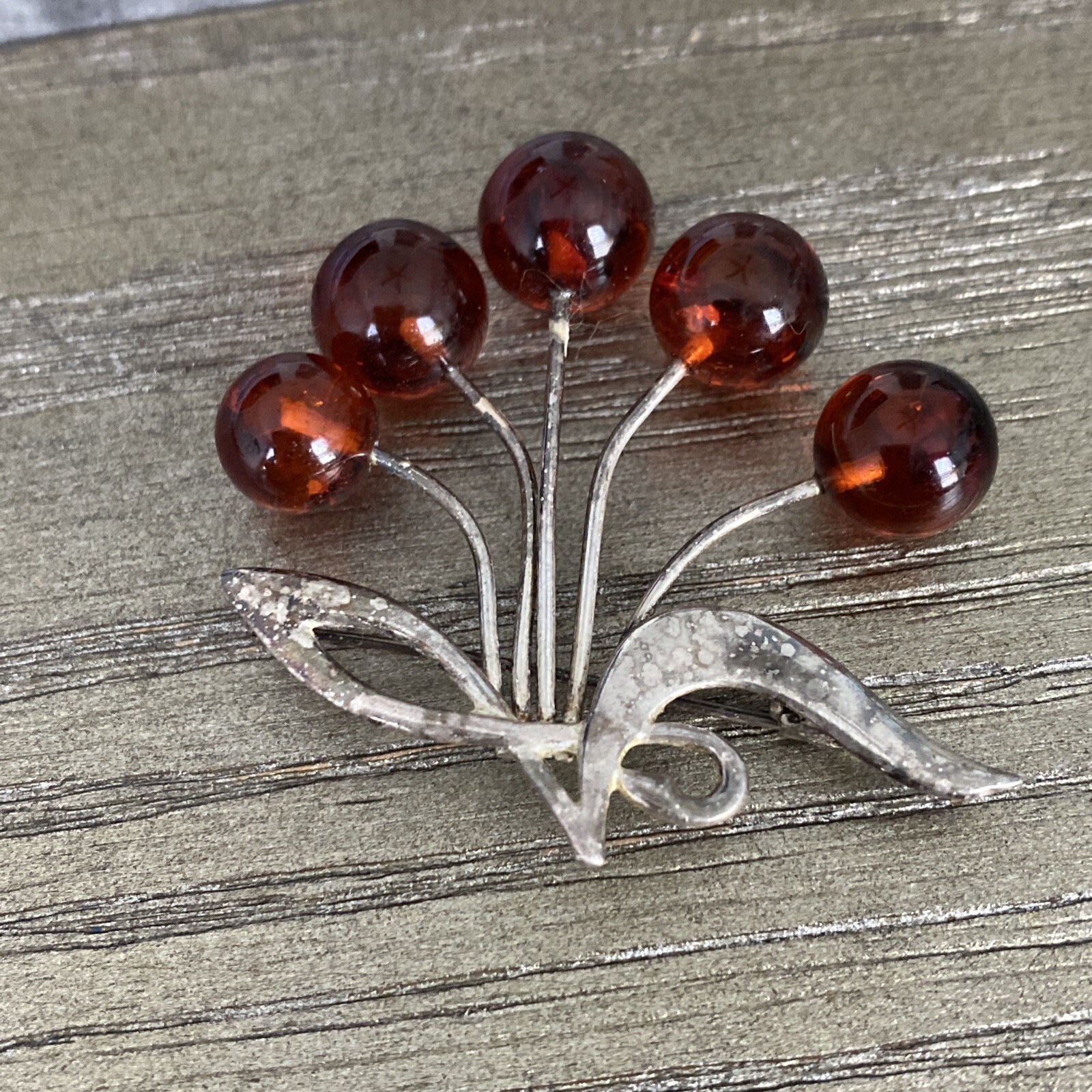 Vintage/Antique Silvertone Amber Beads Brooch Est… - image 3