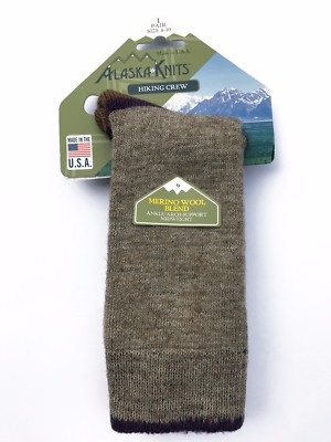 ALASKA KNITS  MERINO WOOL LADIES' HIKING CREW SOCKS KHKAI 9-11 MADE IN USA