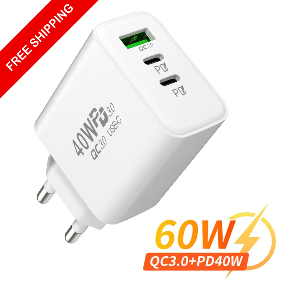 3-fach Schnellladegerät 40W Netzteil 2x USB-C + 1x USB Charger Mehrfach Stecker - Bild 1 von 4
