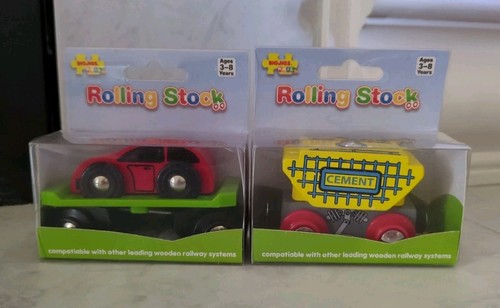 Set Of 2 Bigjigs Wooden Rail Cars- Car Carriage & Cement Wagon-Rolling Stock-NEW - Afbeelding 1 van 7