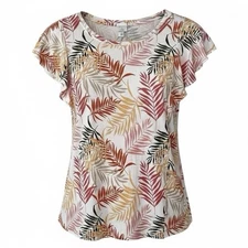 LOFT Tee Size Small Flutter Sleeve Blouse Foliage Fern Leaves Floral 530287