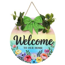 13 Inch Rainbow Floral Welcome Sign for Front Door Wooden Hanging Wreath Sign...
