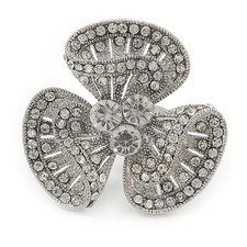 Clear Crystal 3 Petal Flower Ring In Silver Tone Metal - 40mm - Size 7