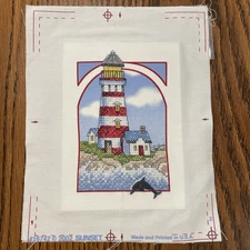 COUNTED CROSS STITCH FINISHED LIGHTHOUSE SCENE WITH DOLPHIN 9" X 7" NEEDS FRAME