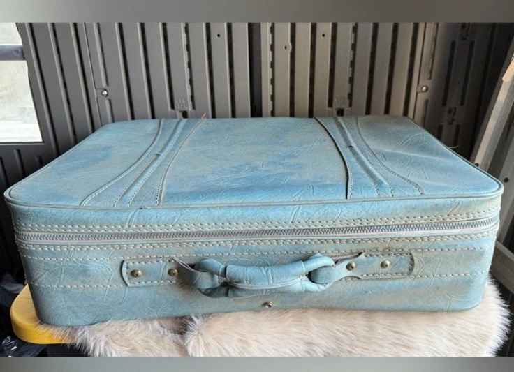 Rara Mala Macia Vintage "Três Estrelas" Anos 70 Couro Azul-petróleo Meio Século - Imagem 4 de 4