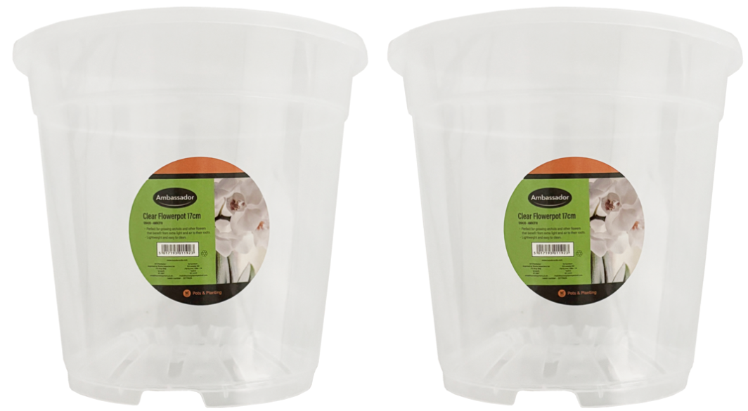 2x Ambassador Garden Clear Plastic Flower Orchid Plant Pot Planter Growing- 17cm