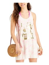 MIKEN SWIM Women's Pink Lace-Up Back Metallic Scoop Neck Swimsuit Cover Up XS