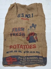 Vintage 100lbs FARM FRESH Potatoes Burlap Gunny Sack PABST Robbins Inc 22" x 36"