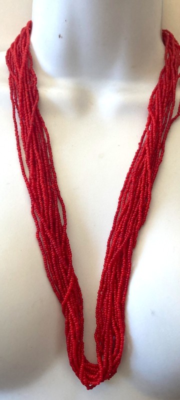 Vintage 1950s Signed HONG KONG Gold Tone Red Seed Beads Multi Strand Necklace