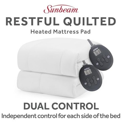 WHITE - SUNBEAM ELECTRIC RESTFUL QUILTED HEATED MATTRESS PAD KING 80'' X 76'' 12