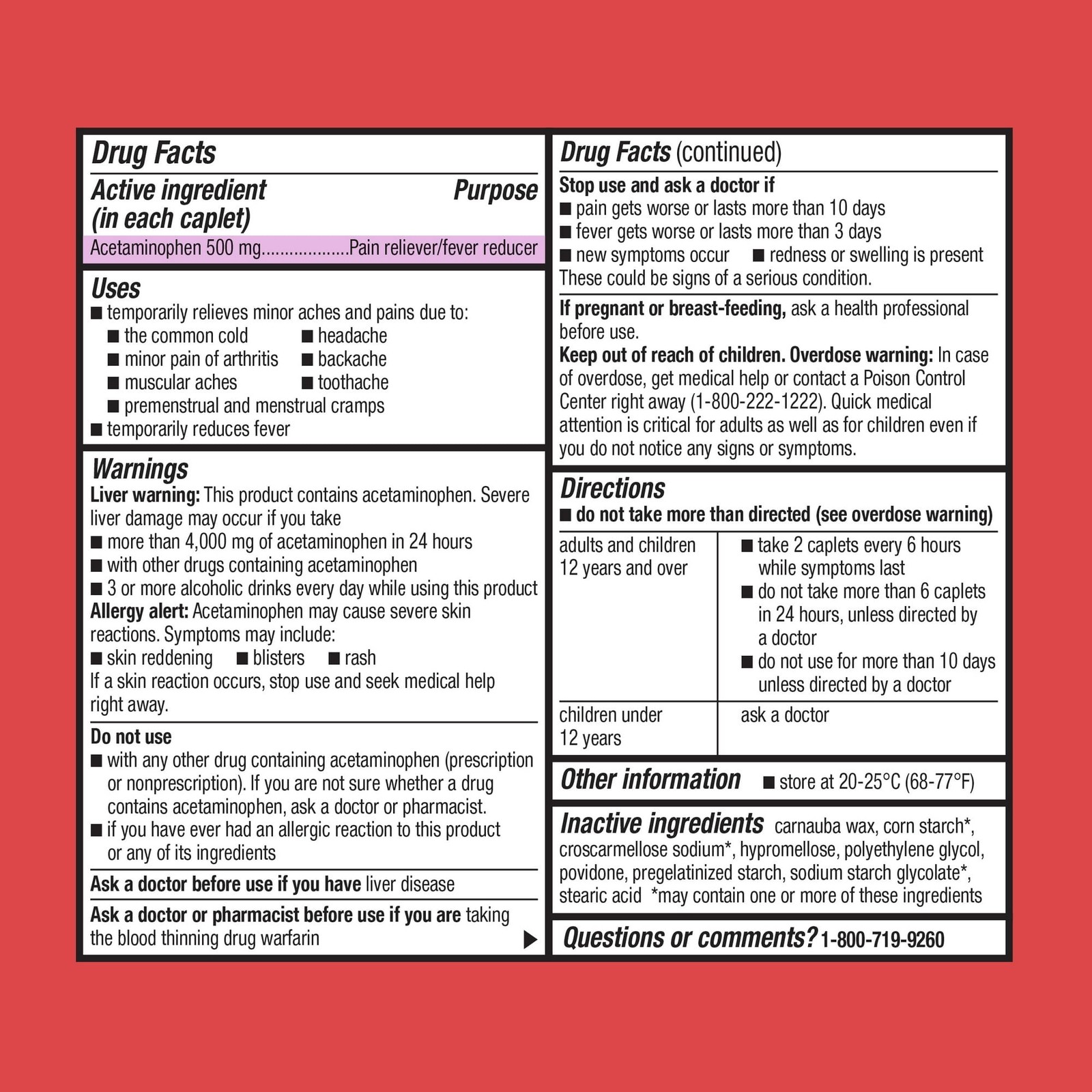 Equate Extra Strength Pain Reliever Acetaminophen Caplets, 500mg , 500 Count.