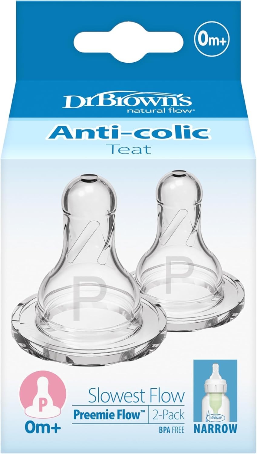 Dr Brown's 2 Pack Preemie Flow Narrow Anti-Colic Teats 0m+ Slowest Flow BNIB VAT