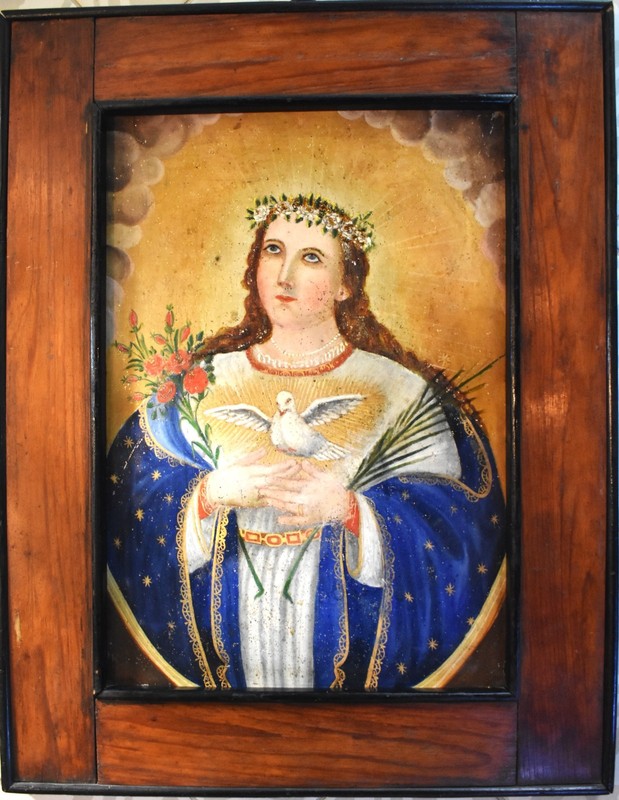 Antique 19th C. Spanish Colonial Retablo on tin - Alma de Maria RARE XL size