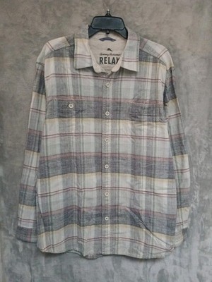 Tommy Bahama Mens XL Shirt Grey Plaid 100% Cotton Woven Long Sleeve