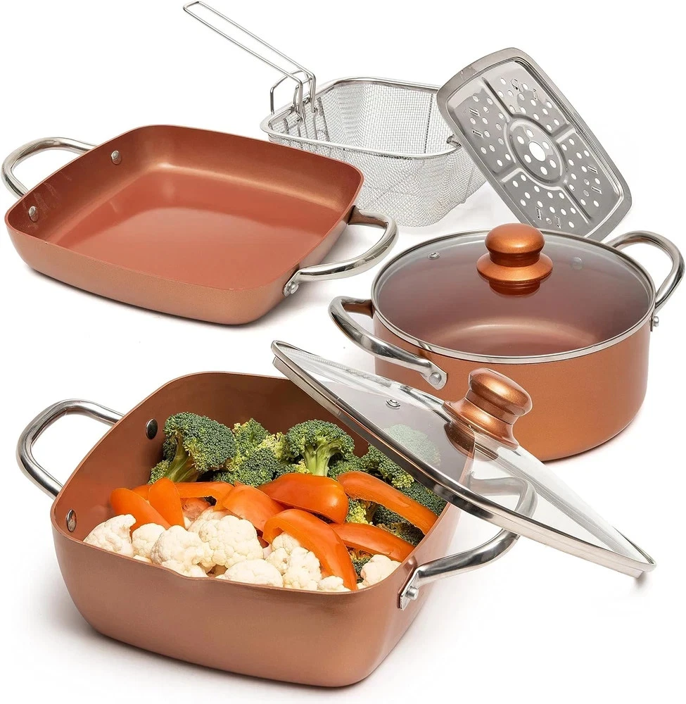 7 Pcs Copper Pots and Pans Set, Copper Chef Cookware Non Stick, Square Copper Pa