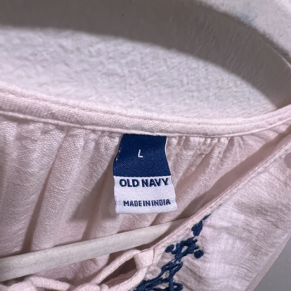 Old Navy L White Blue Embroidered Cotton Gauze Blouse Peasant Top Boho Lace Up - Image 4 of 4