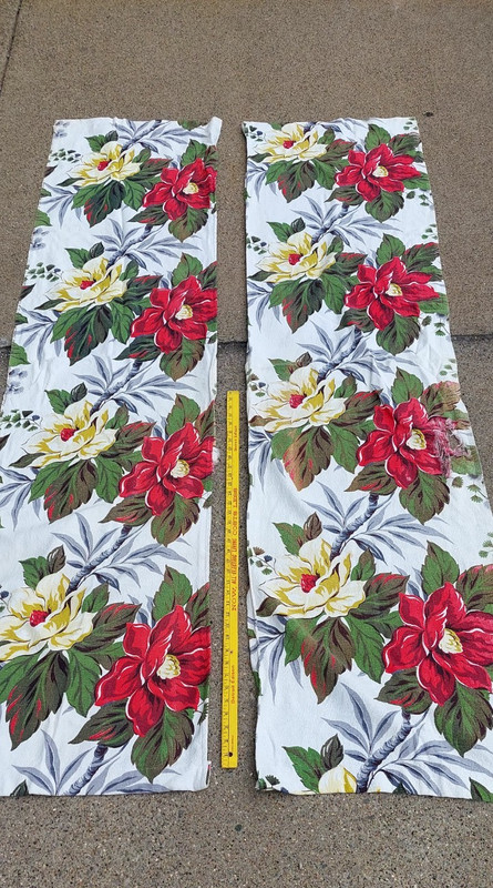2 Vintage 1950's Panels of Barlcloth Fabric Tropical Curtain Panels Drapes