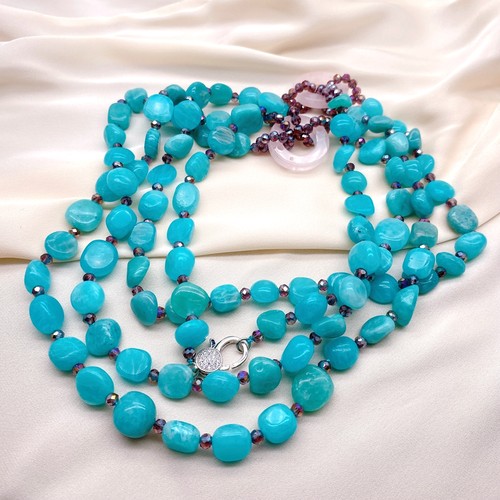 Collar largo de cuarzo rosa de 3 hebras de amazonita verde joyería para mujer - Imagen 4 de 5