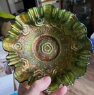 Vtg Fenton Captive Rose Carnival Glass Green  Bowl Ruffle Irridescent Copper 8.5