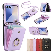 For Samsung Z Flip 7 6 5 4 3 Ring Kickstand Crossbody Strap Wallet Leather Case