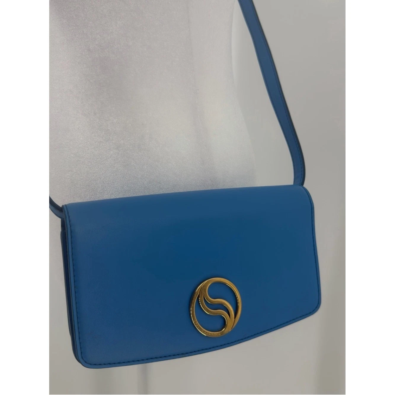 Stella McCartney — Stella McCartney S-Wave Blue Crossbody Bag Gold Logo Vegan Leather