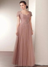 V Neck Chiffon Mother of the Bride Dress Cap Sleeves Appliques Prom Party Gowns
