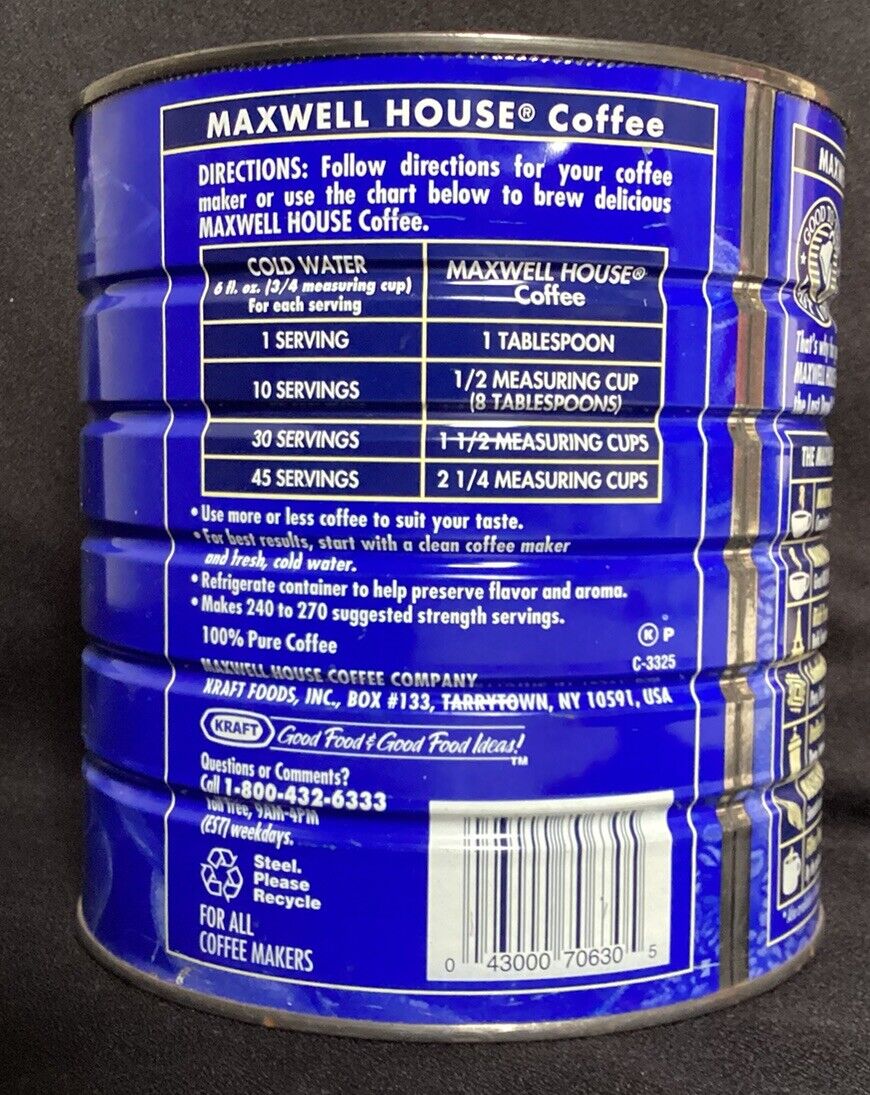 Vintage 39 Ounce Steel Maxwell House Coffee Can Tin-No Lid Vintage 39 Ounce Steel Maxwell House Coffee Can Tin-No Lid