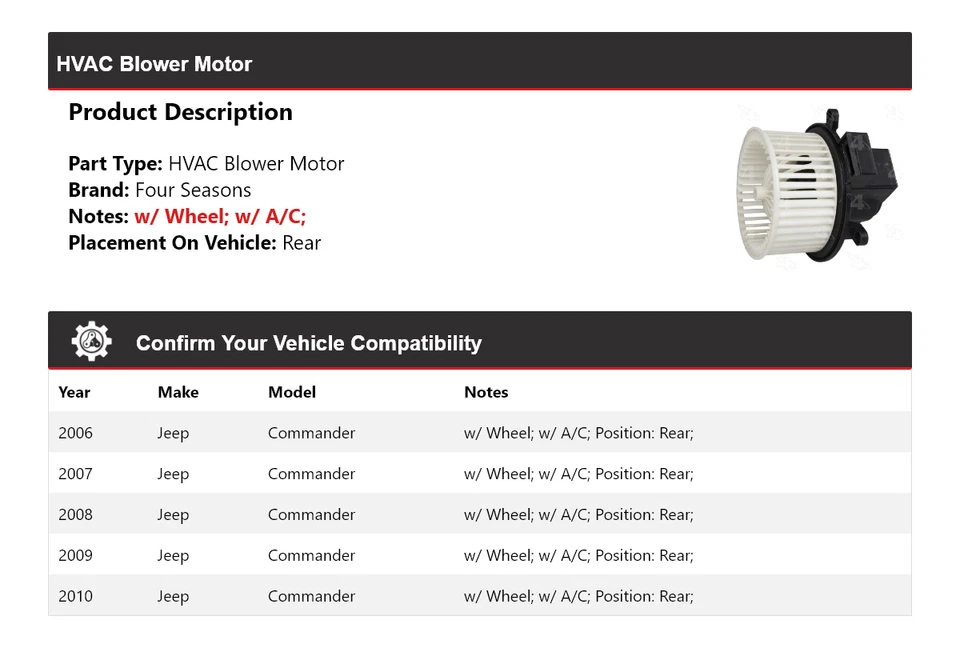 Motor soplador trasero 4 estaciones 2007 2008 2009 Jeep Commander 2006-2010 Foto 2 de 4