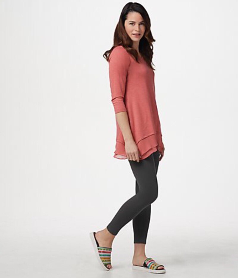 LOGO Lounge by Lori Goldstein French Terry Top with Tiered Chiffon Trim Shale XS