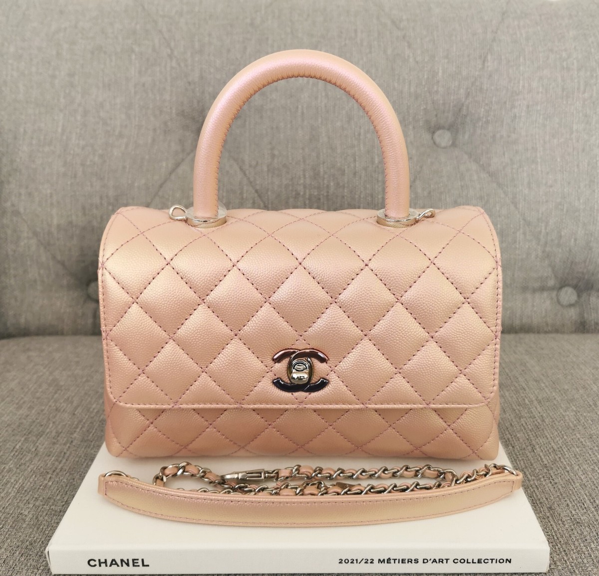 Chanel 21K Small Coco Handle Flap bag Iridescent Pink Rainbow Hardware