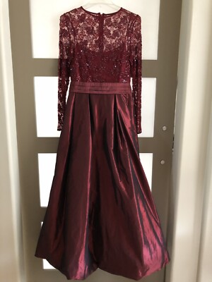 Teri Jon by Rickie Freeman Embellished A-Line Long Sleeve Gown Wine US 6 |  eBay