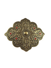 Vintage Ornate Brass Belt Buckle Red Beads Accent