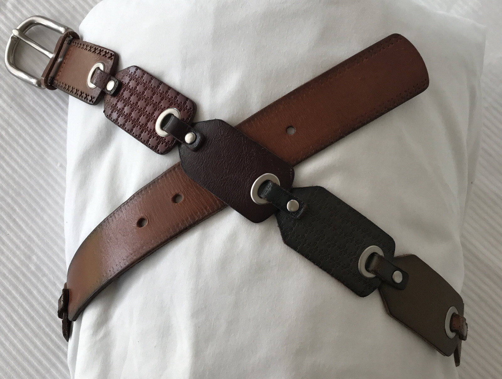 Fossil Leather Patchwork Belt Tooled Patterns Stu… - image 2