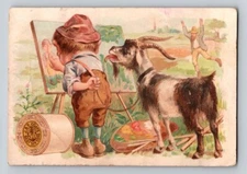 Victorian Trade Card J.P. Coats Painting Goat Licking Sewing Thread 4" x 2.5"