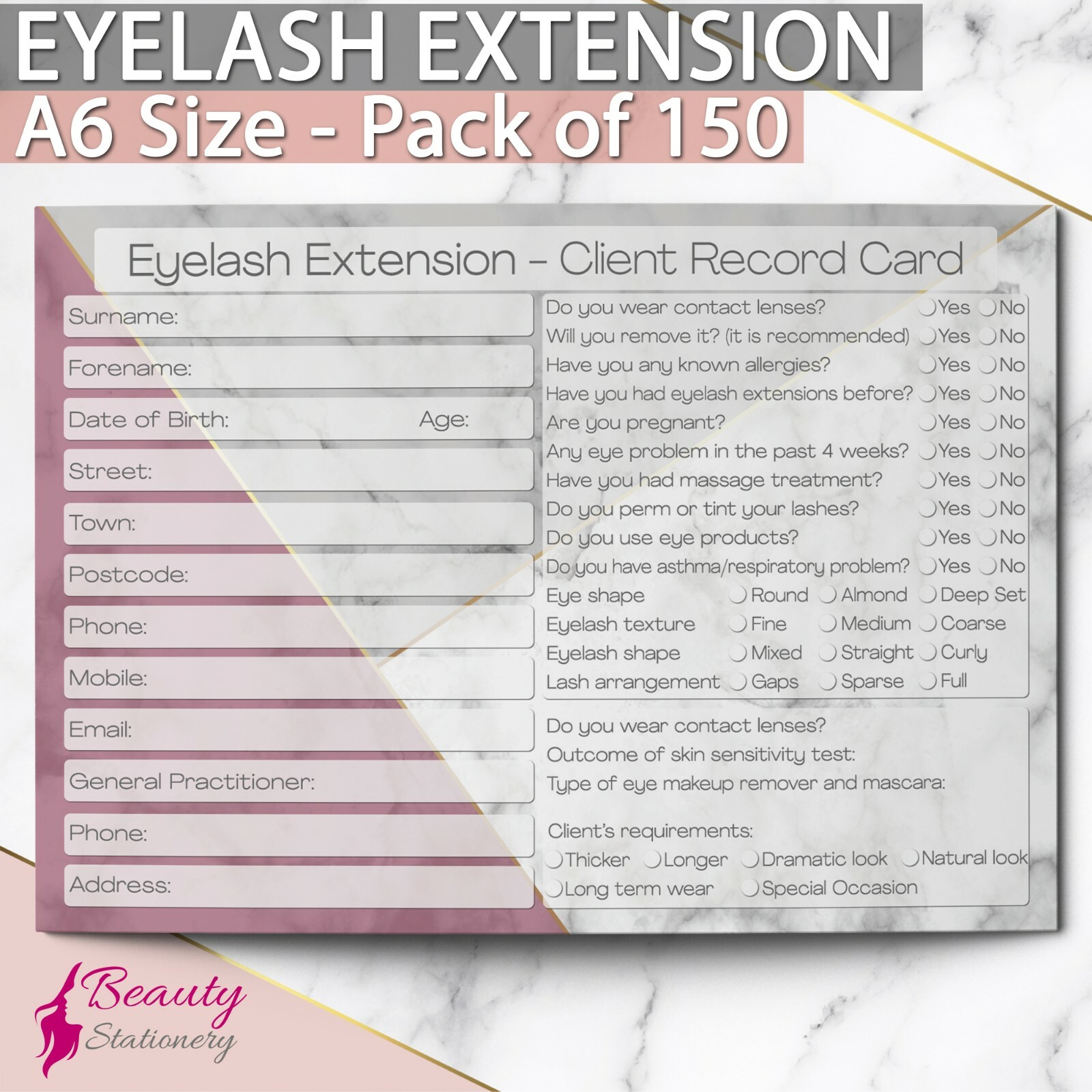 Eyelash Extension Client Record Card Consultation Form Beauty Therapist A6 x150
