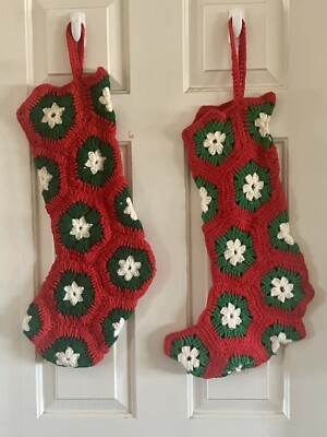 Vintage Crocheted Granny Square Large Christmas Stockings; Set of Two; MCM