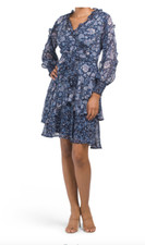 TAHARI ASL Floral Wrap Style Ruffle Mini Dress Ivory Blue Sz. 10 _