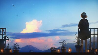 Anime Girls Clouds Mountains Lantern Flowerpot  Gaming Mat Desk 47812