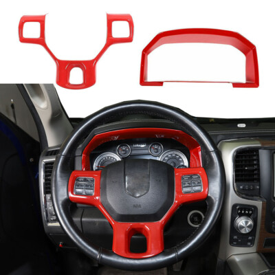 2pcs Red Steering Wheel Cover + Dashboard Trim Bezels Kit For Ram 1500 2012-2017