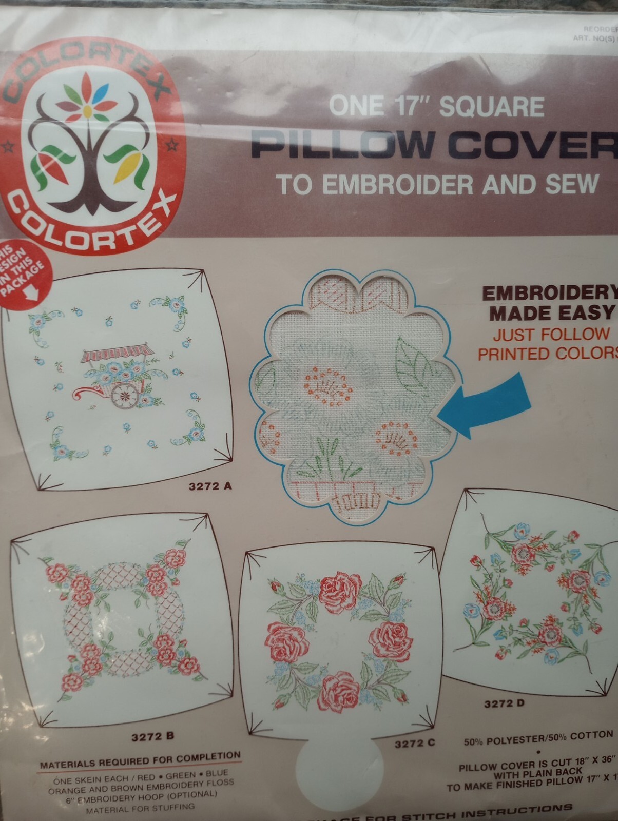 VTG Stamped Colortex embroidery 17” throw Pillow Kit Floral wagon cart
