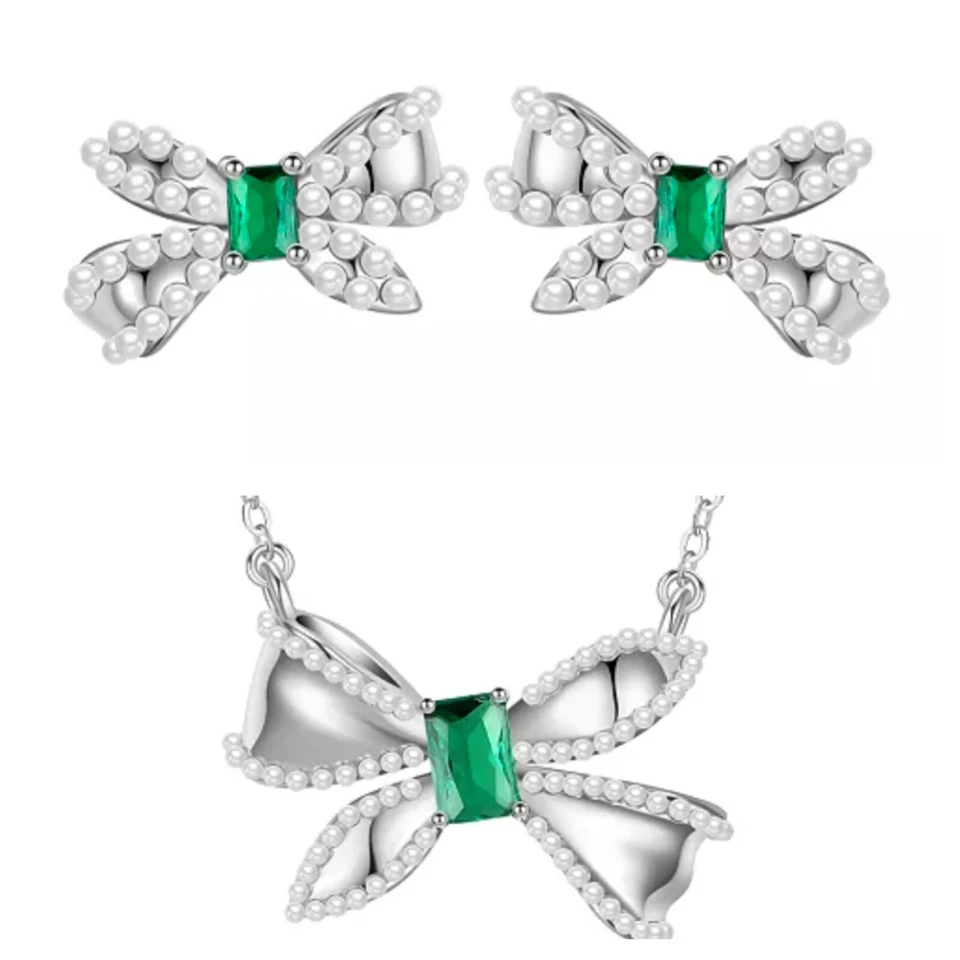 Preciosos aretes con lazo de esmeralda simulados y collar colgante de 18 pulgadas. Nuevo Foto 2 de 4