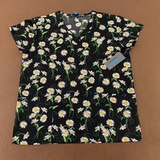 Serene Uniforms Women's Size Small Black Daisey Print Short Sleeve Scrub Top NWT