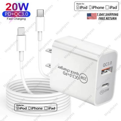 For iPhone 13 12 11 14 iPad 20W Wall Power Adapter Block USB-C Cable Fast Charge