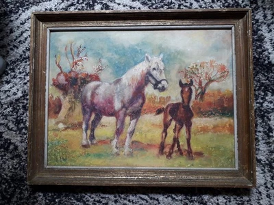 Tableau ancien à l'huile représentant des chevaux en très bon état - Photo 1/4