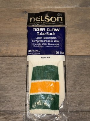 Vtg 80's Nelson Sport Tiger Claw Tube Socks Striped Mid Calf 9-15 NOS Green Gold