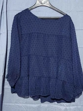 Womens Navy Swiss Dot Tiered Blouse 3/4 Sleeve Boho